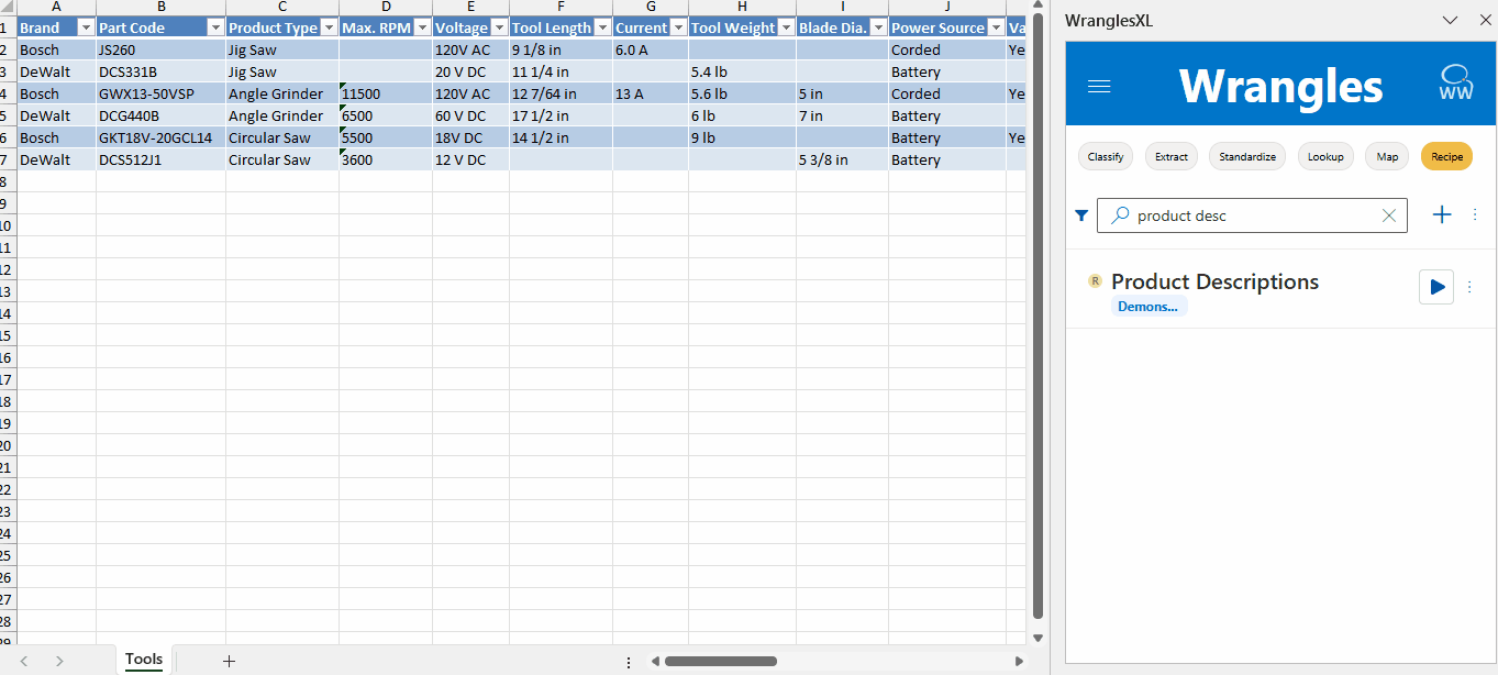 Easily extract data, create descriptions and more with the WranglesXL add-in.